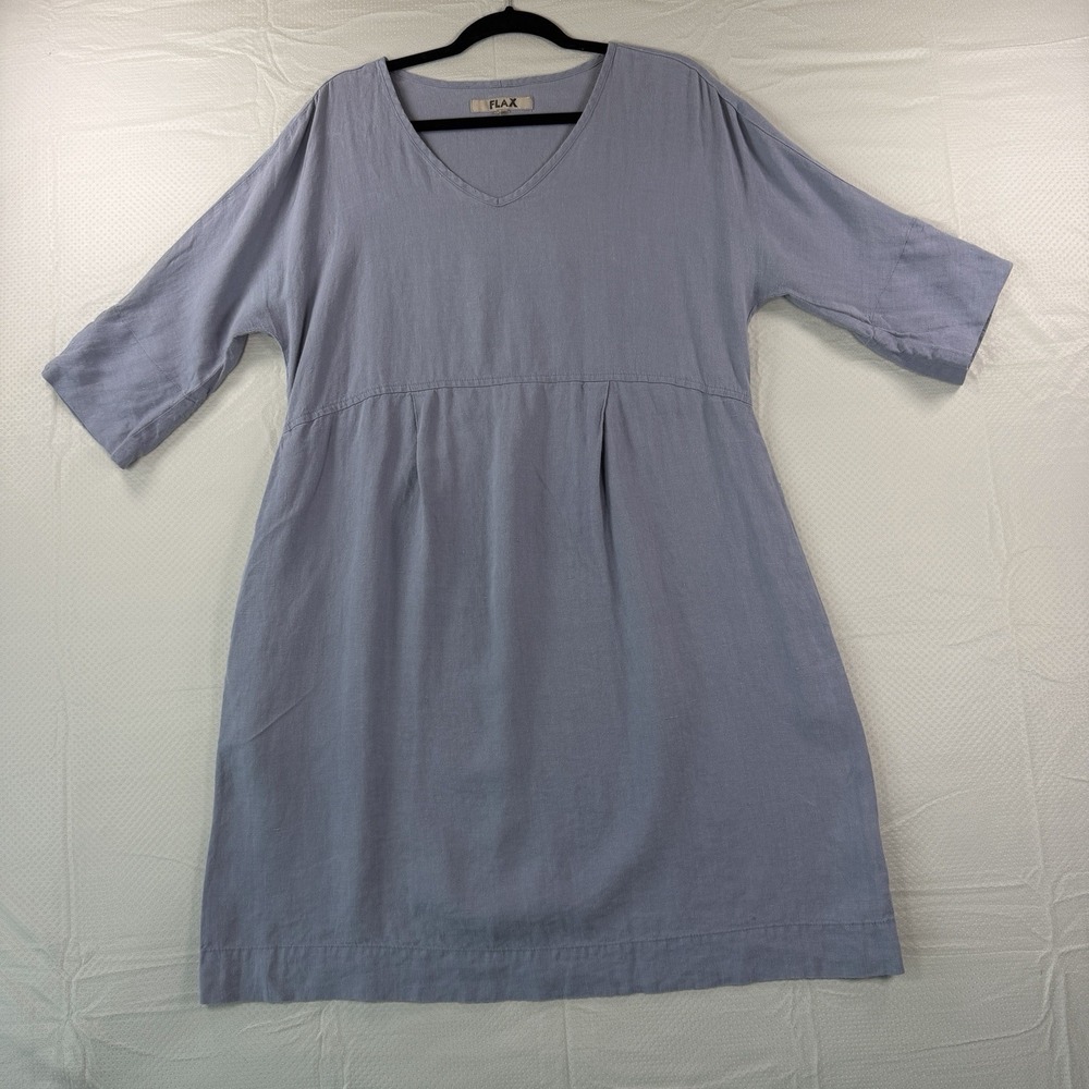 FLAX 100% Linen Dress Womens Blue V-Neck 3/4 Sleeve Pleated Midi Minimalist